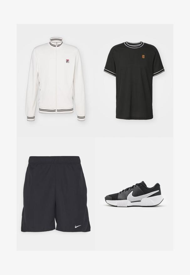 Fila JACKET BJÖRN - Spordijakk - white alyssum; Must musta t-särk, mis on valmistatud võrgukangast, valge äärega krae ja varrukatel, väikese kollase ja punase logoga rinnal.; Mustad mustad lühikesed püksid, mis on valmistatud kerge materjali, elastse vöökoht ja väike valge Nike logo vasakul all serval.; Mustad mustossid, millel on tekstureeritud ülemine osa, valge swoosh-logo, pehmendatud kand ja kontrastne valge uus, millel on siksakmuster.