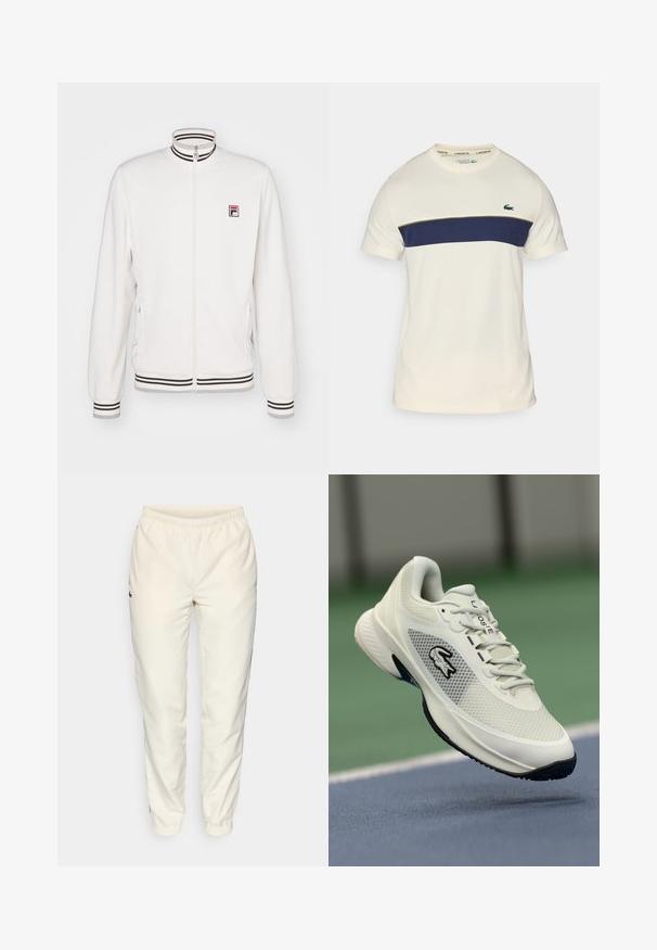 Fila JACKET BJÖRN - Chaqueta de entrenamiento - white alyssum; Camiseta Lacoste en crema y marino con cuello redondo, mangas cortas y un bloque de color horizontal. Presenta un logo de cocodrilo verde.; Pantalones deportivos color crema con una cintura elástica, piernas ajustadas y un pequeño logo verde oscuro en el lado izquierdo. Tejido suave y ligero.; Zapatilla deportiva blanca con parte superior de malla, acentos negros, suela texturizada y un logotipo prominente en el lateral, exhibida con un fondo de cancha.