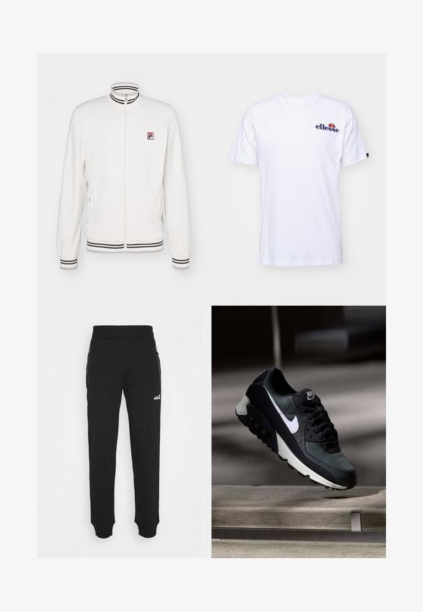 Fila JACKET BJÖRN - Treningsjakke - white alyssum; Hvit bomulls T-skjorte med korte ermer, med en marineblå brodert logo på venstre bryst og en livlig farge aksent over logoen.; Svarte joggebukser laget av mykt stoff har en innskrenket bendesign, elastisk midje, sidelommer med glidelås og en liten logoak accent.; Svart og grønn sneakers med et mønstret mesh-overdel, hvit swoosh-logo, polstret krage og en synlig luftdemping i sålen.