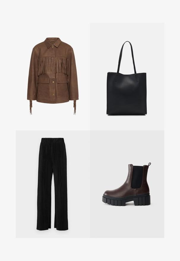 Veste en cuir marron avec des franges décoratives sur la poitrine et les manches. Elle possède un col et deux poches avant. Boutons en laiton inclus.; T-shirt noir à manches courtes avec un col rond, fabriqué en coton doux. Design simple, sans logos ni motifs visibles.; Pantalons plissés noirs avec une taille élastique. Présente des jambes larges et un tissu lisse texturé avec des rayures verticales.; Bottines en cuir marron avec des panneaux élastiques sur les côtés, semelle texturée noire et un talon épais. Dotées d'une languette à l'arrière pour un enfilage facile.; Sac fourre-tout en cuir noir avec une texture lisse, de forme rectangulaire et deux longues poignées. Pas de matériel ou d'ornementations visibles.