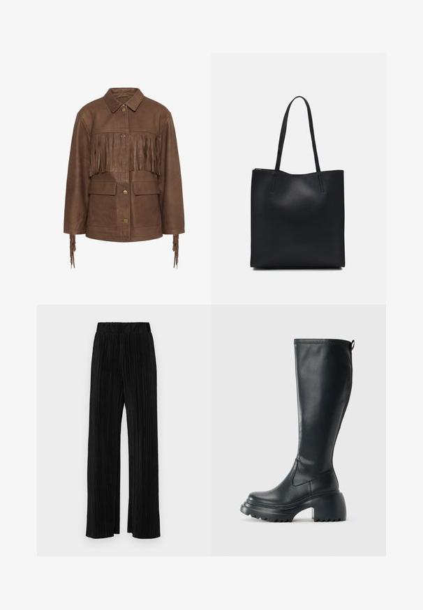 Hnedá kožená bunda s franžou na hrudi a rukávoch. Má golier a dve predné vrecká. Obsahuje mosadzné gombíky.; Hnedé, vysoký krk jednodielne plavky s tenkými, nastaviteľnými ramienkami; s vysokým strihom na nohách a hladkým povrchom. Bez vzorov alebo ozdôb.; Čierne plisované nohavice s elastickým pásom. Majú široké nohavice a hladkú, textúrovanú látku s vertikálnymi pruhmi.; Vysoká čierna kožená čižma s masívnou platformou a blokovým podpätkom, s praktickým pútkom a textúrovaným vzorom na podošve.; Čierna kožená taška na rameno s hladkým povrchom, obdĺžnikovým tvarom a dvoma dlhými uchami. Bez viditeľného kovania alebo ozdôb.