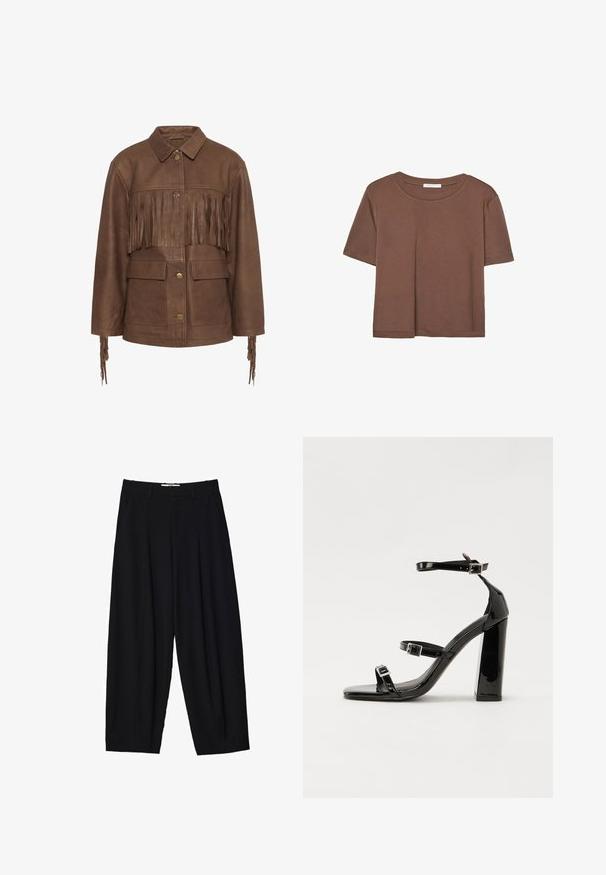 Braune Lederjacke mit Fransenverzierungen an der Brust und den Ärmeln. Verfügt über einen Kragen und zwei Vorderaschen. Messingknöpfe sind enthalten.; Braunes, kurzärmliges T-Shirt aus weichem Material mit rundem Halsausschnitt und lockerer Passform. Keine sichtbaren Muster oder Akzente.; Schwarze weit geschnittene Hose aus leichtem Stoff, mit vorderen Falten, klassischem Bund und seitlichen Taschen. Angenehme Struktur.; Schwarze patentierte Sandalen mit Absatz, quadratischer Spitze, Knöchelriemen und silbernen Schnallen. Mit einem stabilen Blockabsatz für mehr Stabilität.