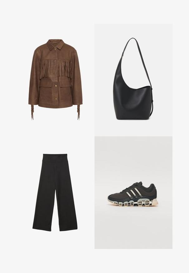 Hnedá kožená bunda s franžou na hrudi a rukávoch. Má golier a dve predné vrecká. Obsahuje mosadzné gombíky.; Čierny dlhý rukáv skrátený top s okrúhlym výstrihom, jednofarebný dizajn a mierne zakrivený lem.; Čierne nohavice s širokými nohavicami a vysokým elastickým pásom, vyrobené z mäkkého materiálu s voľným strihom, vhodné na neformálne nosenie alebo relaxačné prostredie.; Čierna športová obuv s textúrovaným zvrškom, tromi striebornými pruhmi a charakteristickou podošvou s viacerými integrovanými sekciami.; Čierna kožená hobo taška so hladkou textúrou, zakriveným tvarom a jedným nastaviteľným popruhom; má široké otvorenie na vrchu.