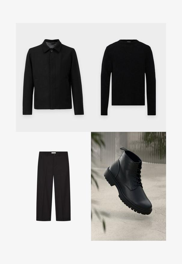 Giacca nera con chiusura a bottone, colletto strutturato, due tasche laterali e tessuto testurizzato. Design semplice e dritto.; Filippa K SWEATER - Maglione - black; T-shirt bianco corto a maniche corte dalla vestibilità rilassata disteso su uno sfondo grigio chiaro.; Pantaloni larghi neri realizzati in tessuto liscio. Presentano una chiusura con bottone e zip, due tasche frontali e un orlo ben definito.; Stivali alla caviglia in pelle nera con punta arrotondata, design con lacci e suola in gomma robusta. Texture liscia con una linguetta sul retro.