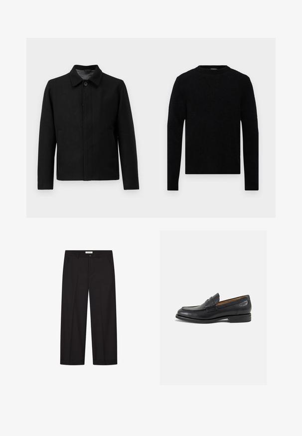 Čierna bunda s gombíkovým zapínaním, štruktúrovaným golierom, dvoma bočnými vreckami a textúrovanou tkaninou. Jednoduchý, rovný strih.; Filippa K SWEATER - Svetrík - black; Jednoduché biele tričko s krátkym rukávom a voľným strihom položené na svetlošedom pozadí.; Čierne široké nohavice vyrobené z hladkej tkaniny. Majú zapínanie na gombík a zips, dve predné vrecká a ostrý lem.; Čierne kožené mokasíny s hladkým povrchom, zaoblenou špičkou a dekoratívnym prešívaním na prednej časti. Nízky kokteilový opätok a jemný lesk.