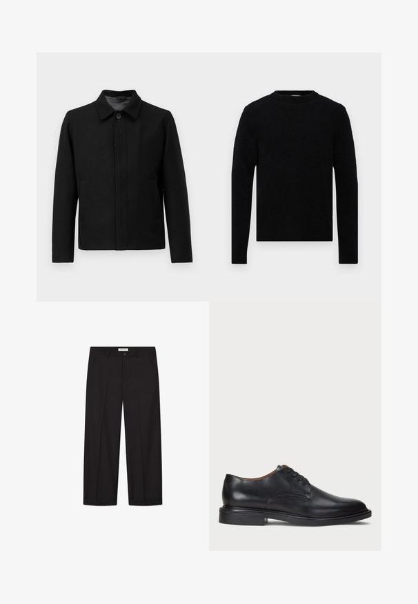 Svart jakke med knappelukking, strukturert krage, to sidelommer og teksturert stoff. Enkel, rettskåret design.; Filippa K SWEATER - Strikkegenser - black; Kremhvit kortermet T-skjorte med avslappet passform lagt flatt på lys grå bakgrunn.; Sorte vidde bukser laget av glatt stoff. Har en knapp- og glidelåsstenkning, to frontlommer og en skarp hemstuss.; Sorte skinnsko med rund tå, snøring og lav, stablet hæl. Glatt tekstur med minimale sømdetaljer.