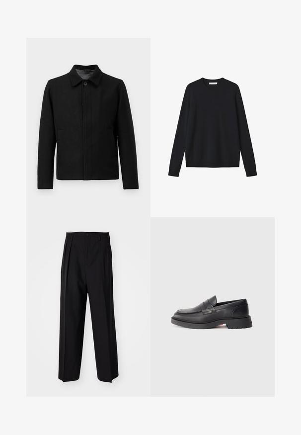 Must mustaga klappide ja struktureeritud kraega, kahe küljetaskuga ja tekstureeritud kangaga. Lihtne, sirge lõikega disain.; Must mustritud must söögiuss, pikkade varrukatega, ümmarguse kaelusega ja soonikkoes äärega. Pehme tekstuur, ilma nähtavate mustrideta või lisanditega.; Mustad volditud püksid sirge ja laia säärega disainiga. Valmistatud siledast kangast, millel on nuppudega sulgemine ja vööaasad.; Mustad mustriga nahast loafersid, ümarate varvastega, kõrgendatud õmblusega ja paksu kummitaldaga. Lihtne disain minimaalsete brändingutega küljel.