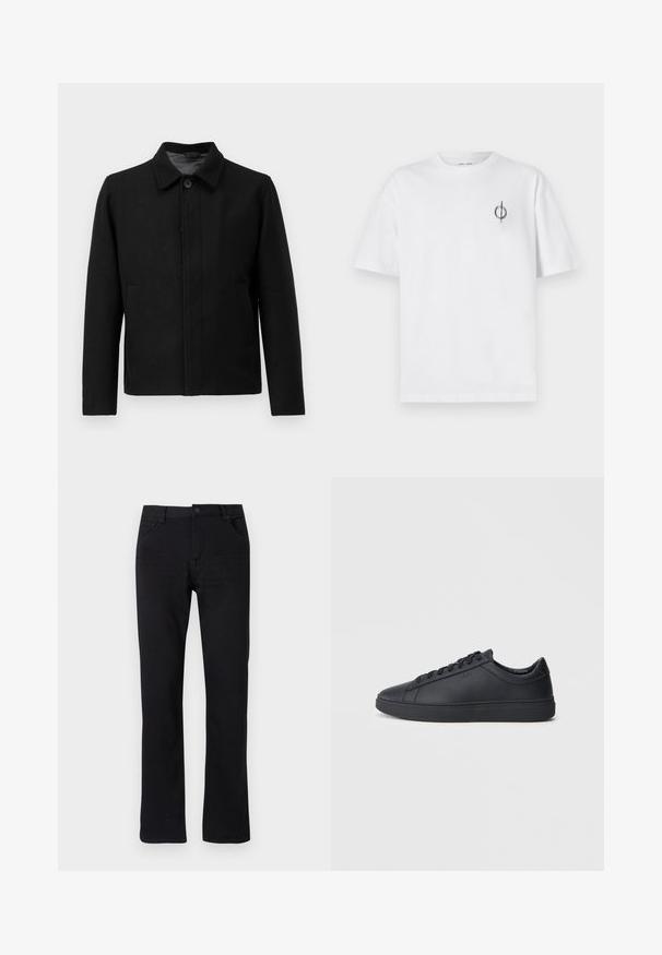 Veste noire avec une fermeture à boutons, col structuré, deux poches latérales et tissu texturé. Design simple et droit.; T-shirt en coton blanc avec une coupe décontractée, présentant un petit logo graphique noir sur le côté gauche de la poitrine. Manches courtes, col rond.; Jeans noirs à jambe droite en denim. Comprend un zip, cinq poches et des coutures discrètes. Taille plate avec passants de ceinture.; Baskets noires en cuir lisse avec un design bas, bout rond et semelle en caoutchouc plate. Elles sont dotées de lacets et d'un branding subtil.