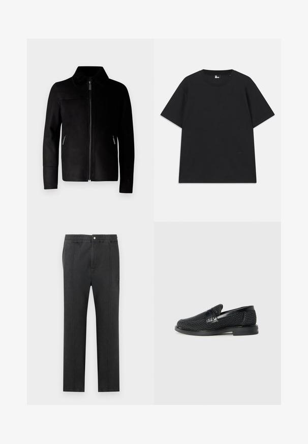 Zwarte leren jas met een rits aan de voorkant, voorzien van een gestructureerde kraag, zij-ritszakken en een getailleerd ontwerp. Gladde oppervlakte, geen zichtbare patronen.; Zwart kortebril T-shirt van katoen, met een ronde hals en een klein logo detail near de zoom. Gladde textuur, normale pasvorm.; Zwarte broek met een elastische tailleband, een vlak voorkant, twee zijzakken en decoratieve stiksels. Geen zichtbare patronen of hardwaredetails.; Zwartegeweven instap schoenen met een glad leren accent aan de bovenkant, een ronde neusontwerp en een laag profiel rubberen zool.