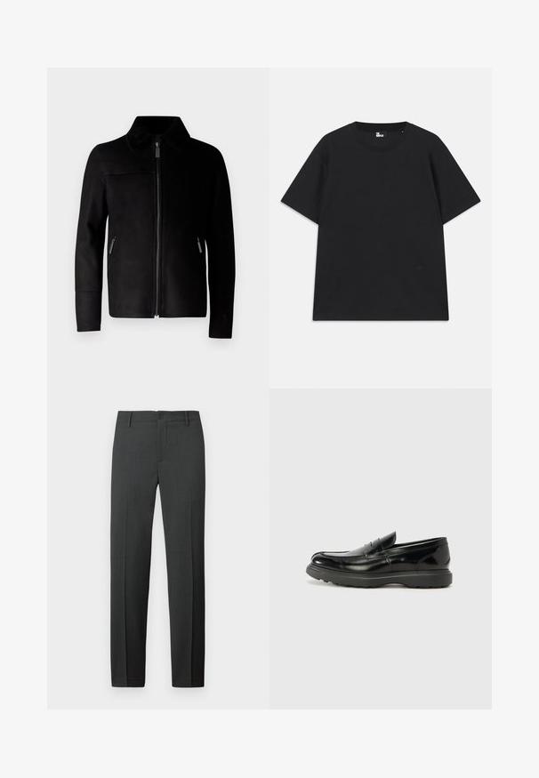 Black leather jacket with a zip front, featuring a textured collar, side zip pockets, and a fitted design. Smooth surface, no visible patterns.; Black short-sleeve t-shirt made of cotton, featuring a round neckline and a small logo detail near the hem. Smooth texture, regular fit.; Tailored dark gray trousers made from a smooth fabric. Features a button closure, belt loops, and straight legs for a classic fit.; Black leather loafer with a glossy finish, rounded toe, subtle stitching details, and a thick rubber sole for durability.