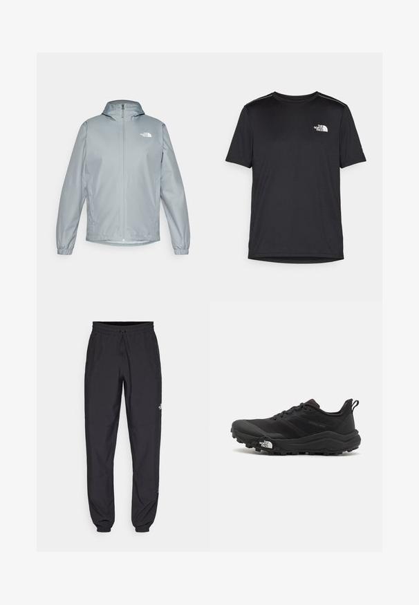 Lys grå vindjakke med hætte, elastiske manchetter, front lynlås og et hvidt logo på venstre bryst. Glat, vandafvisende materiale.; Sort t-shirt med korte ærmer lavet af letvægtsstof. Har et lille hvidt logo på venstre bryst og diskrete skuldrelementer.; Sorte atletiske bukser lavet af letvægtsstof, med en snor i taljen, sidelommer og tapered manchetter ved anklerne.; Sort trail løbesko med en struktureret overdel, gummisål og forstærket tåhætte. Har en polstret krave og en pull-tab til nem påtagning.