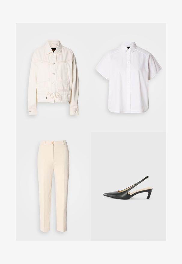 Hvit denimjakke med krage, frontlommer og snøring i nederkant. Har sølvknapper og sydd detaljer.; Hvit kortermet skjorte med knapper, spiss krage og buet skjortekant. Laget av bomull med en glatt tekstur og uten synlige mønstre.; Kremfargede, høy-taljede bukser laget av teksturert stoff. Har lukking med frontknapp og avsmalnende ben.; Svart spiss tå slingback-sko med lav hæl, laget av jevnt skinnmateriale og med utskåret design på siden for pusteevne.