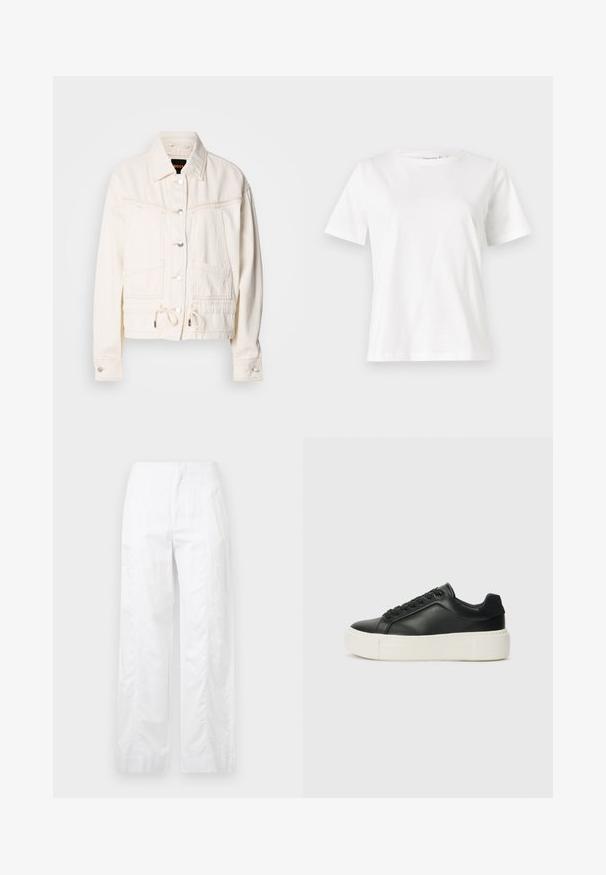 Bijela traper jakna s ovratnikom, prednjim džepovima i vezicom na rubu. Sadrži srebrne dugmadi i šivane detalje.; Bijela pamučna majica s kratkim rukavima, okruglim izrezom i opuštenim krojem. Glatka tekstura, bez uzoraka ili akcenata, minimalistički dizajn.; Bijele široke hlače od laganog materijala, s glatkom teksturom, čistim linijama i visokim strukom.; Crne kožne tenisice sa zaobljenim vrhom, bijelom platformom i crnim vezicama. Imaju suptilan logo na peti i glatku teksturu.