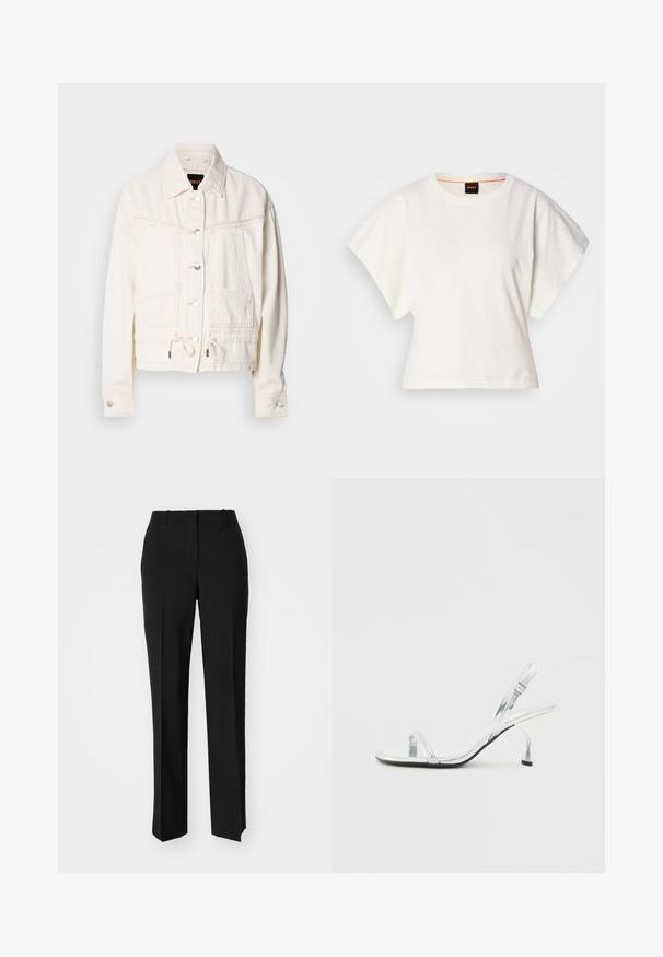 Hvit denimjakke med krage, frontlommer og snøring i nederkant. Har sølvknapper og sydd detaljer.; Hvit cropped T-skjorte, korte vide ermer, myk bomullsmateriale, rund halslinning med subtilt oransje kantbånd, minimalistisk design, uten mønstre eller grafikk.; Sorte skreddersydde bukser med rett silhuett, med en glatt tekstur og klare pressede bretter foran. Ingen synlig maskinvare.; Sølv patentlær slingback høyhælt sandal med en smal tårem, justerbar spenne og en slank hæl.