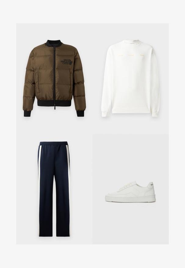 Olijfgroene pufferjack met een ritssluiting aan de voorkant, geribbelde manchetten en zoom. Bevat een zwart logo op de borst en een gequilt ontwerp.; Witte sweatshirt met ronde hals, lange mouwen en geribde manchetten. Heeft gouden bedrukte tekst over de borst: "HZW (25-26) HOLZWEILER THE SUN."; Navy sweatpants met een wijd beenontwerp, voorzien van verticale crèmekleurige strepen langs de zijkanten. Gemaakt van zachte, gestructureerde stof met een elastische tailleband.; Witte leren sneaker met een gladde afwerking, ronde neus, platte veters en een gestructureerde zool. Kenmerkt zich door een subtiel logo op de hiel.