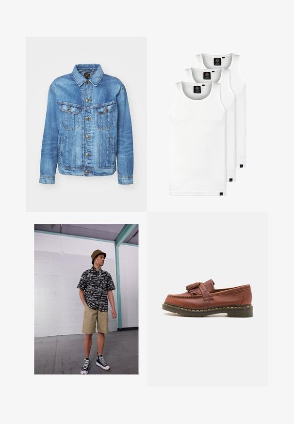 Casaco de ganga azul claro com gola, botões frontais, dois bolsos no peito e mangas longas. Apresenta uma silhueta clássica e tecido texturizado.; Três tops em algodão de alças brancas com nervuras. Apresentam um decote redondo e pequenas etiquetas pretas perto da bainha. Disponíveis em vários tamanhos.; Camisa de manga curta em preto e branco com padrão de logótipos, calções caqui e sapatilhas de cano alto pretas. Chapéu de balde bege e cordas visíveis.; Mocassins de couro castanho com detalhes em franja, superfície texturizada e costura amarela em contraste ao longo da sola de borracha preta. Vista lateral.