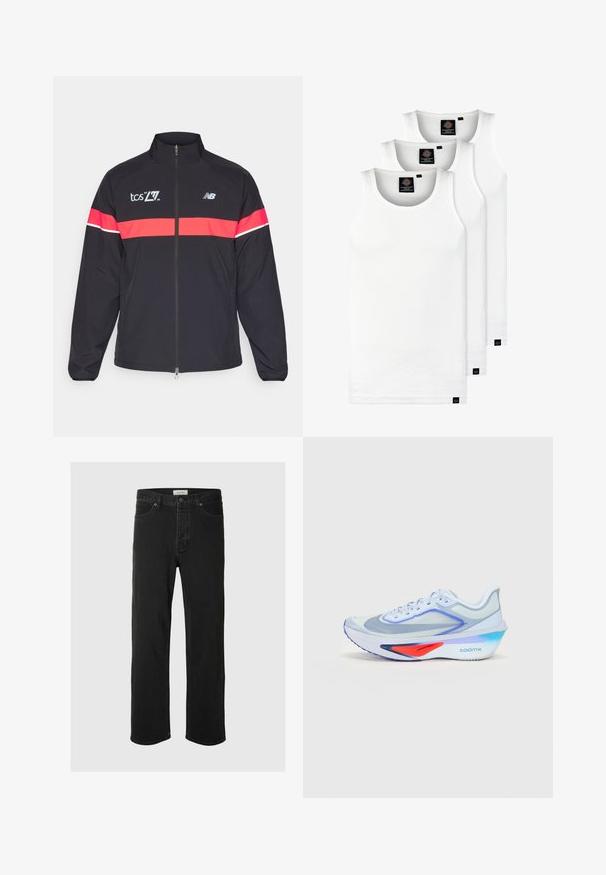 Giacca sportiva nera con alto colletto, zip completa e strisce orizzontali rosse. Presenta stampe del logo sul petto e sulla spalla. Tessuto liscio.; Tre canotte bianche a coste in cotone. Presentano un colletto rotondo e piccole etichette nere vicino all'orlo. Disponibile in diverse taglie.; I jeans in denim nero a gamba dritta presentano un classico design a cinque tasche con chiusura a bottone, cuciture minime e una texture morbida.; Scarpa da corsa di colore azzurro chiaro con tomaia in rete, lacci bianchi, dettagli viola e un particolare rosso sulla intersuola. Presenta una suola curva e il marchio "ZOOMX".