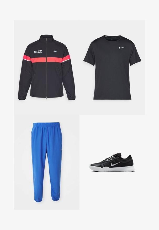 Juodas sportinis švarkas su aukštu apykakle, visiškai užtrauktukas ir raudonos horizontalios juostos. Ant krūtinės ir peties turi logotipo spaudinius. Lygus audinys.; Juodas Nike bėgimo marškinėlis, pagamintas iš lengvos, kvėpuojančios medžiagos, turintis trumpas rankoves ir mažą baltą logotipą ant krūtinės.; Mėlynos sportinės kelnės su elastine juosta, tiesios kojos dizainu ir siaurėjantys rankogaliai. Kairėje pusėje yra auksinis Nike logotipas.; Juodos sportinės bateliai su tekstūruota viršutine dalimi, balta Nike swoosh ir balta gumine išorine dalimi. Yra su raištelių užsegimo dizainu ir dinamine forma.