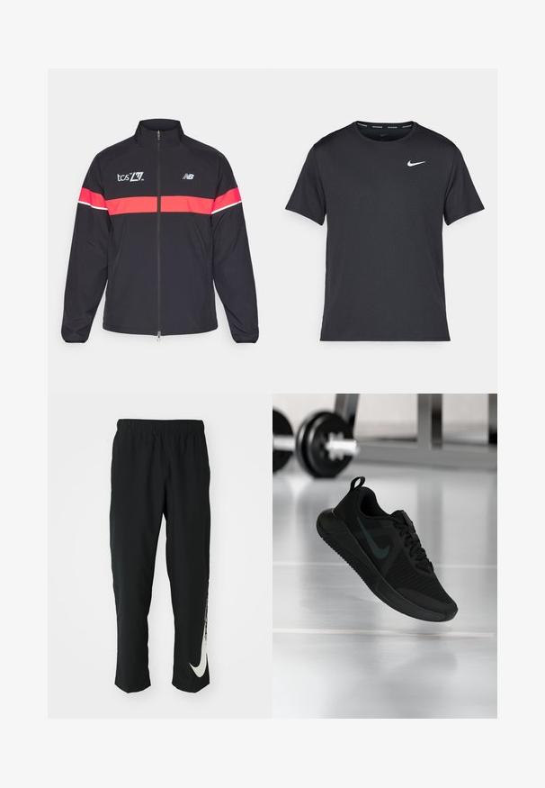 Giacca sportiva nera con alto colletto, zip completa e strisce orizzontali rosse. Presenta stampe del logo sul petto e sulla spalla. Tessuto liscio.; Maglietta da corsa Nike nera realizzata in materiale leggero e traspirante, con maniche corte e un piccolo logo bianco sul petto.; Pantaloni sportivi neri con cintura elasticizzata, design affusolato, caratterizzati da un grande logo Nike bianco sulla gamba sinistra. Tessuto morbido e leggero.; Scarpa sportiva nera con tomaia in mesh testurizzato, suola in gomma e un prominente logo swoosh scuro. Presenta un colletto imbottito e design con lacci.