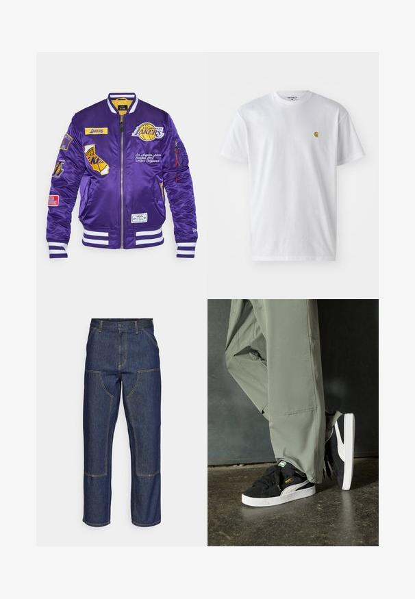 Lilla satiinist bomberjakk, millel on tikitud plaastrid, valged triibulised varrukasuuled ja kollane vooder. Omab lukuga sulgemist ja küljetaskuid.; Valge puuvillane t-särk lühikeste varrukatega, ümmargune kaelus, millel on väike kuldne logo vasakul rinnal. Pehme tekstuur ja regulaarne lõike.; Tumedast sinisest denimmaterjalist teksad kõrge talje, sirge sääre disainiga, kontrastsete õmblustega ning ees taskud plaastritega.; Mustad nubukist spordijalatsid valgete kummist tallade ja külgriidega, koos heleda rohelise cargo-pükstega, seistes tekstureeritud tumedal pinnasel.