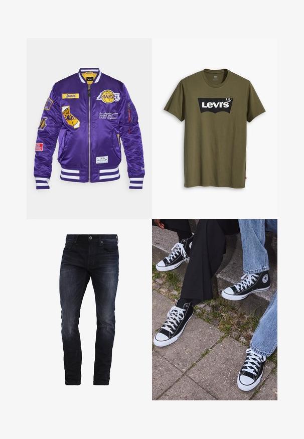 Violetti satiininen bomber-takki, jossa on brodeeratut tarrat, valkoiset raidalliset hihansuut ja keltainen vuori. Varustettu vetoketjukiinnityksellä ja sivutaskuilla.; Oliivinvihreä puuvillainen t-paita, jossa suuri musta Levi's-logo kontrastivärisenä puolikaarena rinnalla. Normaali istuvuus.; Tummansiniset slim fit -farkut, joissa on vähäistä kulutusta reiden ja polvien kohdalla. Farkuissa on etupussit, vyölenkit ja nappisuljenta.; Mustat korkeat kangaslenkkarit, joissa on valkoiset kumipohjat ja nauhat, sivussa on pyöreä logo, ja ne on yhdistetty farkkuihin ja mustiin housuihin.