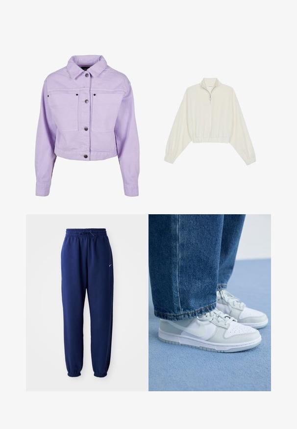 Heledat violetne denimmantel, millel on kaelarätik, lühenen disain, nööbiga esikülg ja kaks esikotti mustade metalldetailidega.; Kreemfarbenest lühikese varrukaga kudum, millel on kõrge kaelus, pool tõmblukk, elastne allosa ja varrukad, sile tekstuur ja minimaalne disain.; Tumesinine dressipluus, mis on valmistatud pehmest kangast, elastse vöökoha ja nööriga, elastsete mansettide ning väikese valge logoga.; Nike tossud valgest ja helesinisest nahast, millel on augulised varbakatted, tasased paelad ja kummist talla, koos siniste teksadega.