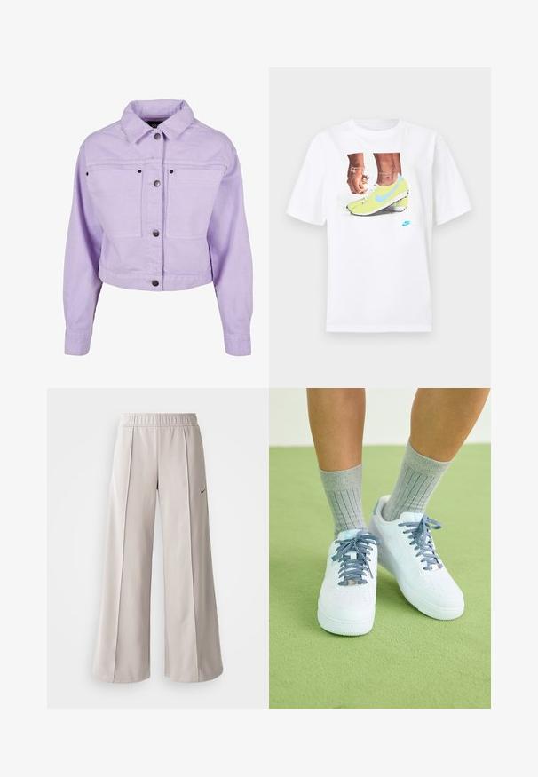 Vaaleanliila farkkutakki, jossa on kauluksellinen pääntie, lyhyt malli, napitettu etuosa ja kaksi etutaskua mustilla metallikoristeilla.; Valkoinen puuvillainen t-paita, jossa on grafiikka keltaisista Nike-nilkkureista sinisillä yksityiskohdilla, yhdessä vasemman ranteen korun kanssa.; Vaaleanharmaat leveälahkeiset housut, jotka on valmistettu sileästä kankaasta. Niissä on joustava vyötärö ja musta Nike-logo vasemmalla puolella.; Valkoiset nahkakengät sinisillä yksityiskohdilla, rei'itetty kärkiteline ja teksturoidut sinivalkoiset nauhat, joita on käytetty harmaiden ribbien sukkien kanssa.