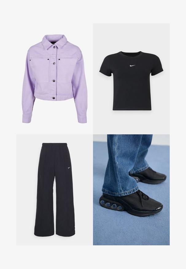 Šviesiai violetinė džinsinė striukė su apykakle, trumpa, su mygtukais priekyje ir dviem priekinėmis kišenėmis su juodais metaliniais akcentais.; Juodas trumpas rankoves marškinėliai, pagaminti iš medvilnės, su apvaliu kaklu. Pasižymi balta Nike logotipu ant krūtinės, minimalistišku dizainu ir prigludusia forma.; Juodos plačios kojos kelnės su elastinga liemene ir mažuoju baltu Nike logotipu. Audinys turi lygią tekstūrą, sukurtas patogumui ir kasdieniam nešiojimui.; Juodi sportiniai bateliai su tinkliniu viršumi, tekstūruotais akcentais ir matomais oro pagalvėmis pado viduje. Dėvimi su mėlynais džinsais.