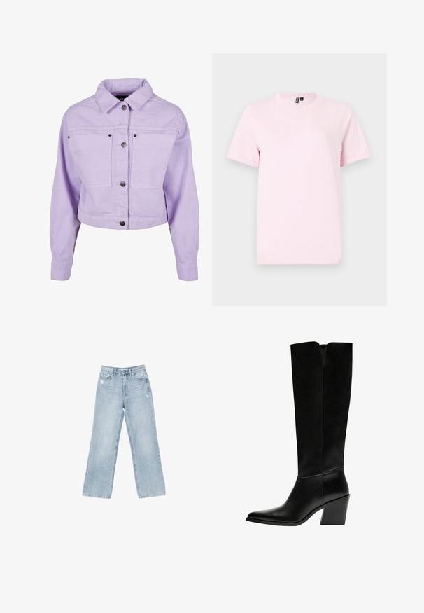 Svijetlopurpurna traper jakna s ovratnikom, skraćenim dizajnom, gumbima sprijeda i dva prednja džepa s crnim metalnim detaljima.; Svijetlo ružičasta majica s kratkim rukavima od pamuka, s okruglim izrezom i jednostavnom, glatkom teksturom bez uzoraka ili detalja.; Svijetlo plave traperice širokog kroja, s istrošenim detaljima, dizajnom s pet džepova i zatvaranjem na munju.; Crne čizme do koljena napravljene od glatke kože, s šiljastim vrhom, blok petom i V-oblika izrezom na vrhu.