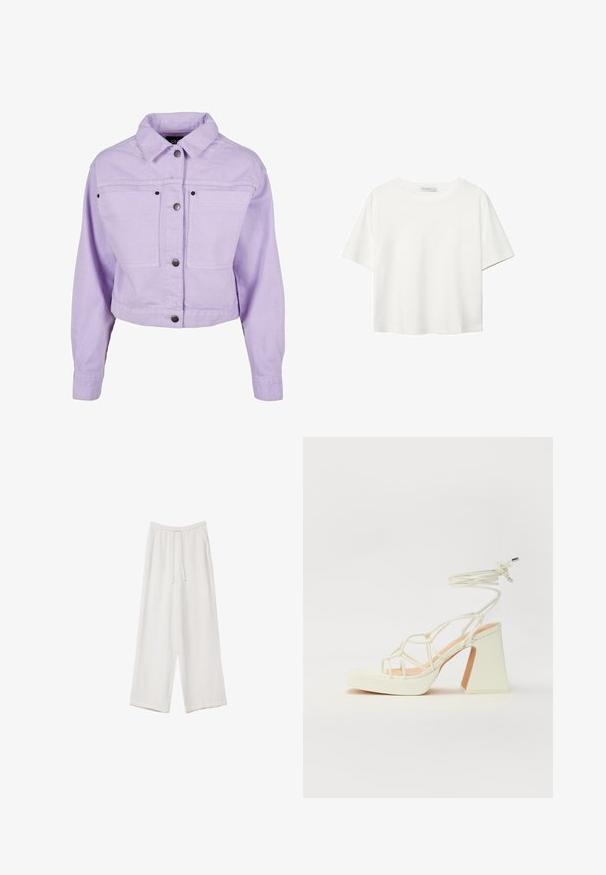 Svetlo purpurna traper jakna z ovratnikom, skrajšanim dizajnom, gumbastim zapiranjem spredaj in dvema sprednjima žepoma s črnimi kovinskimi dodatki.; Bela kratka majica s kratkimi rokavi iz bombaža. Ima okroglo izrezovanje in sproščen kroj. Gladka tekstura brez vidnih vzorcev ali poudarkov.; Bele široke hlače iz lahkega materiala. Imajo elastičen pas s vrvico in stranske žepe. Gladka tekstura.; Bela sandala na visokih petah s debelim petam, ki ima obliko trakcev in vezanje okoli gležnja. Gladka tekstura z platformo spredaj za dodatno višino.