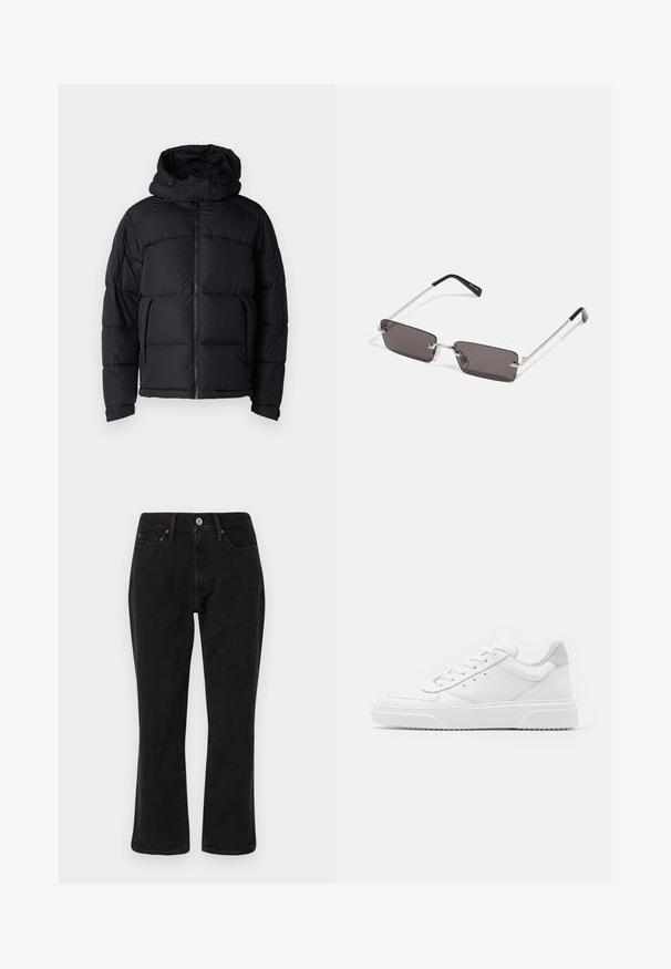 Fekete puff dzseki kapucnival, cipzáras záródással, steppelt textúrával és két elülső zsebbel. Az anyag sima és könnyű.; Fehér pamut póló, rövid ujjakkal, kerek nyakkal, elöl piros grafikus felirattal: "ÍZLETES FRESKÉLŐ GYÜMÖLCS".; Fekete farmernadrág egyenes szabású dizájnnal, öt zsebes stílussal és réz árnyalatú fém kiegészítőkkel. Simító textúra és közepes derékmagasság.; Fehér bőr sportcipő sima felülettel, kerek orral, lapos fűzőkkel és textúrált talppal. Szürke velúr díszítés a saroknál.; Napszemüveg téglalap alakú, sötétszürke lencsékkel, ezüstszínű fémkerettel és fekete műanyag végű szárakkal. Könnyű kivitel, orrpárnákkal.