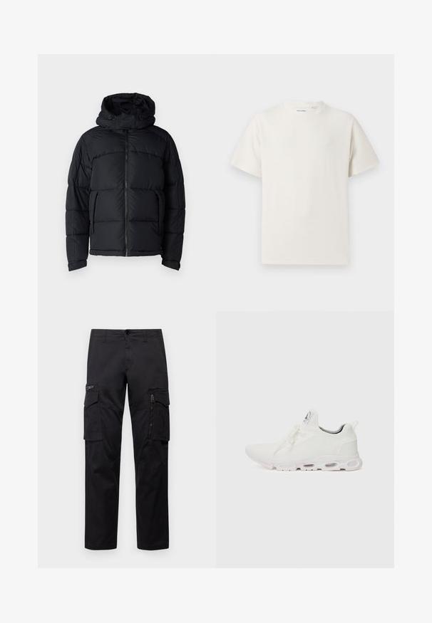 Giacca a vento nera con cappuccio, dotata di chiusura con zip, texture trapuntata e due tasche frontali. Il tessuto è liscio e leggero.; T-shirt bianca a maniche corte in texture a coste. Girocollo, vestibilità rilassata, senza modelli o accenti visibili. Design semplice e versatile.; Pantaloni cargo neri con multiple tasche, tasca con zip sulla coscia, vestibilità dritta e in resistente cotone con un leggero lucido.; Scarpe atletiche bianche con tomaia in maglia testurizzata, lacci piatti e una suola ammortizzata con camere d'aria visibili per un supporto aggiuntivo.