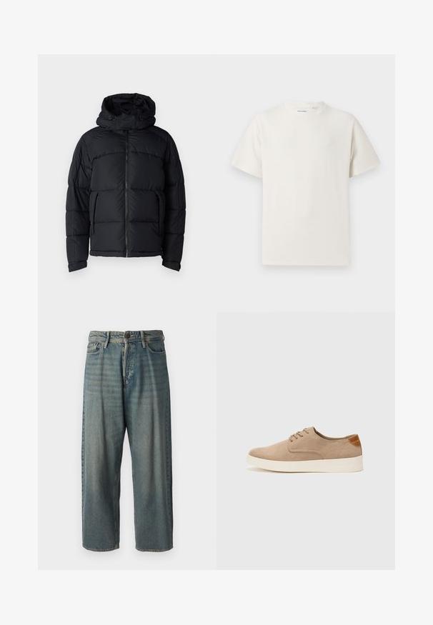 Čierna puffa bunda s kapucňou, so zipsovým uzáverom, prešívanou textúrou a dvoma prednými vreckami. Materiál je hladký a ľahký.; Biela krátka tričko s krátkym rukávom so žebrovanou textúrou. Okrúhly výstrih, uvoľnený strih, žiadne viditeľné vzory ani akcenty. Jednoduchý a všestranný dizajn.; Svetlomodré denimové nohavice so voľným strihom, stredne vysokým pásom a rovnými nohavicami. Obsahujú päť vreciek, pútka na opasok a zapínanie na gombík.; Béžové semišové tenisky s okrúhlou špičkou, šnurovaním vpredu a textúrovaným zadným akcentom. Biela gumová podrážka poskytuje kontrast. Jednoduchý a moderný dizajn.