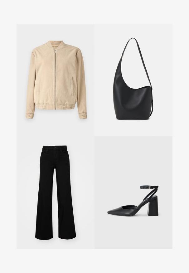 Beige bomber jacket made of soft suede, featuring a zip closure, stand collar, and ribbed cuffs with side pockets. Smooth texture, minimalist design.; Black cotton t-shirt with short sleeves, featuring a small pink butterfly graphic on the left chest. Crew neck design with a relaxed fit.; Black wide-leg pants made of denim, featuring a structured waistband, belt loops, and front pockets. Smooth texture with a classic design.; Black leather pointy-toe pump with an ankle strap and a chunky heel. Flat texture, sleek design, and minimalistic aesthetics.; Black leather hobo bag with a smooth texture, curved shape, and single adjustable strap; features a wide opening at the top.