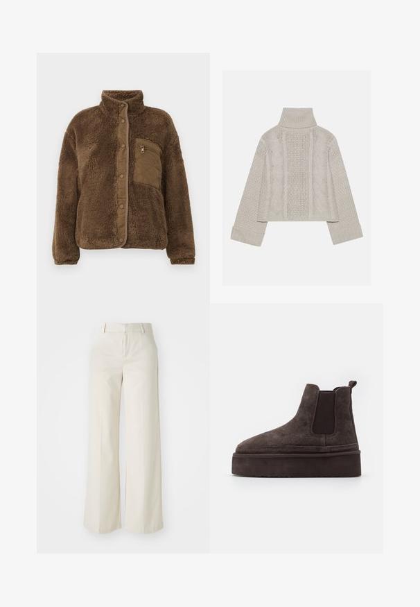 Veste en polaire marron avec un col haut, dotée d'une poche poitrine matelassée et de boutons-pression à l'avant. Tissu doux et texturé.; Pull en tricot gris clair, court, avec un col montant et des poignets côtelés, présentant des motifs en relief en câble sur le dos et sur les côtés.; Pantalons évasés de couleur beige clair, fabriqués dans un tissu lisse. Dotés d'une taille classique et d'un devant plat aux lignes épurées.; Bottes Chelsea en suède marron avec des panneaux latéraux élastiques et une semelle épaisse et texturée. Elles comportent une languette au talon pour un enfilage facile.