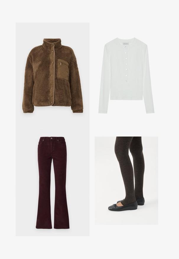 Brown fleece jacket with a high collar, featuring a quilted chest pocket and snap closures along the front. Soft, textured fabric.; White long-sleeve top made of ribbed fabric, featuring a round neckline and a buttoned front with six clear buttons.; Burgundy corduroy flared trousers with a smooth texture, five pockets, and metal button closure at the waistband.; Black flat shoes with a small bow detail at the toe, paired with dark brown ribbed tights. Shoes have a smooth texture and low profile.