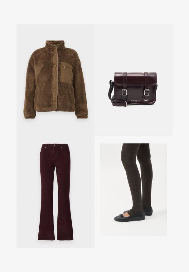 Brown fleece jacket with a high collar, featuring a quilted chest pocket and snap closures along the front. Soft, textured fabric.; White long-sleeve top made of ribbed fabric, featuring a round neckline and a buttoned front with six clear buttons.; Burgundy corduroy flared trousers with a smooth texture, five pockets, and metal button closure at the waistband.; Black flat shoes with a small bow detail at the toe, paired with dark brown ribbed tights. Shoes have a smooth texture and low profile.; Burgundy patent leather crossbody bag with a rectangular shape, two straps, silver hardware, and a flap closure.