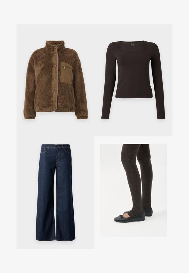 Ruskea fleece-takki, jossa on korkea kaulus, varustettuna tikatulla rintataskulla ja napitus edessä. Pehmeää, teksturoitua kangasta.; Musta pitkähihainen, slim fit -paita, jossa on neliömäinen kaula-aukko, merkitty GAP, esillä valkoisella taustalla.; Suorat lahkeet farkut tummansinisestä denimmistä. Ominaisuuksiin kuuluvat kontrastiväriset ompeleet, viisi taskua ja nappisuljenta vyötäröllä. Sileä pinta.; Mustat matalat kengät, joissa on pieni nauha varpaissa, yhdistettynä tummanruskeisiin ribattuisiin sukkahousuihin. Kengissä on sileä pinta ja matala profiili.