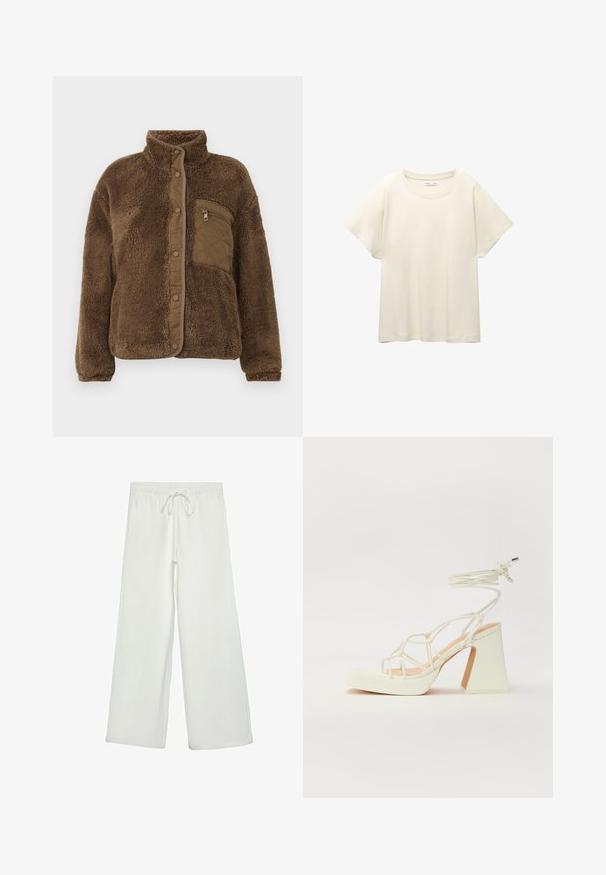 Veste en polaire marron avec un col haut, dotée d'une poche poitrine matelassée et de boutons-pression à l'avant. Tissu doux et texturé.; T-shirt beige clair à manches courtes avec un col rond, fabriqué en tissu doux et lisse. Présente une coupe décontractée et un ourlet droit.; Pantalons larges blancs en tissu doux. Dotés d'une taille élastique avec cordon de serrage et d'une texture lisse. Aucuns motifs visibles ni éléments en métal.; Sandale blanche à talons hauts avec un talon épais, présentant un design à lanières et un lien autour de la cheville. Texture lisse avec une plateforme à l'avant pour une hauteur supplémentaire.