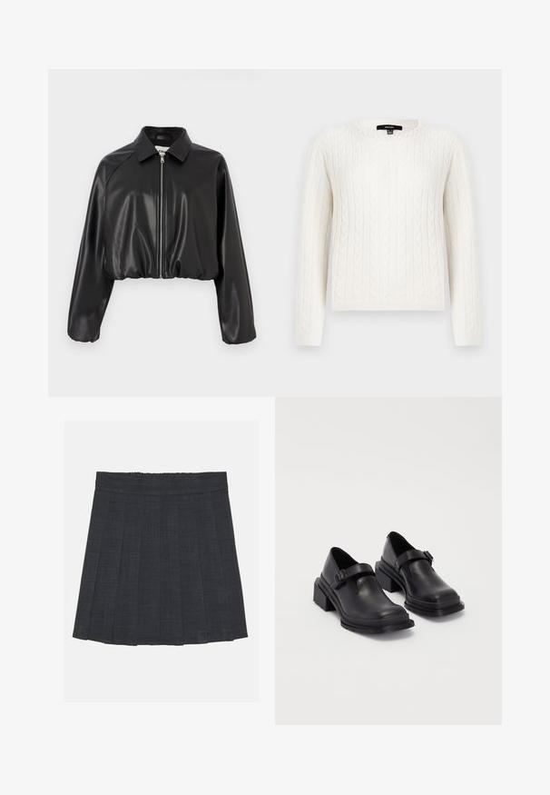 Černá zkrácená bunda vyrobená z lesklé imitace kůže. Má plochý límec a přední zip. Dlouhé, mírně nabírané rukávy. Hladká textura.; Bílý svetr s pleteninou, dlouhými rukávy, kulatým výstřihem a dekorativním perlovým akcentem na límci. Měkká textura a přiléhavý design.; Tmavě šedá plisovaná sukně s elastickým pasem, vyrobená z texturované látky a s klasickým A-čkovým střihem. Vhodná pro každodenní nošení.; Černé kožené boty s kulatou špičkou, plochou podrážkou a páskem s detaily s přezkou. Masivní blokový podpatek pro zvýšenou stabilitu.
