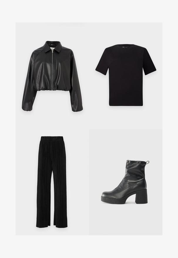 Juodas trumpas švarkas, pagamintas iš blizgaus dirbtinio odos. Turi plokščią apykaklę ir priekinį užtrauktuką. Ilgos, šiek tiek pūstos rankovės. Sklandžios tekstūros.; Juodas trumpas rankovės marškinėlis su apvaliu iškirpimu, pagamintas iš minkštos medvilnės medžiagos. Paprastas dizainas, be matomų logotipų ar raštų.; Juodi plisuoti kelnės su elastine juosta. Turėkite plačias kojas ir glotnų, tekstūrinį audinį su vertikaliais dryžiais.; Juodos kulkšninių botai, pagaminti iš lygaus odos, su šoniniu užtrauktuku, masyviu tekstūruotu kulnu ir apvaliu pirštu.