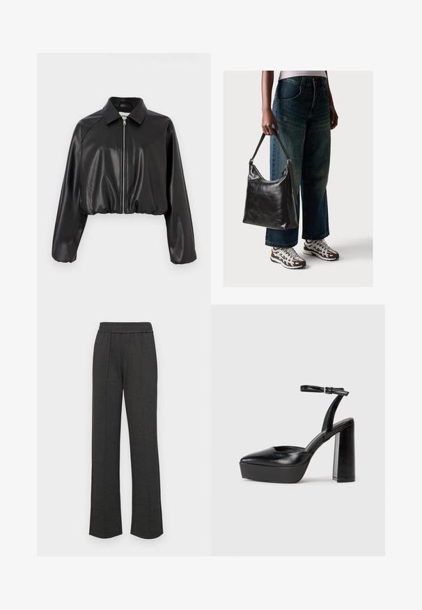 Mustat crop-mallinen takki, joka on valmistettu kiiltävästä tekonahasta. Ominaisuuksina litteä kaulus ja etuvetoketju. Pitkät, hieman puffatut hihat. Sileä pinta.; Musta puuvillapaita lyhyillä hihoilla, jossa on pieni vaaleanpunainen perhosgrafiikka vasemmassa rinnassa. Pyöreä kaula-aukko ja rento istuvuus.; Mustat suorat housut, joissa on joustava vyötärö, etupleatit, pehmeä kangas ja ilman näkyviä kuvioita tai metalliosia.; Mustat korkeat platform-kengät, joissa on terävä kärki ja säädettävä nilkkaremmi. Valmistettu sileästä nahasta ja varustettu paksulla lohkokorkeudella.; Musta nahkainen olkalaukku, jossa on sileä pinta ja säädettävä hihna, yhdistettynä haalistuneisiin leveälahkeisiin farkkuihin ja urheilukenkien kanssa.