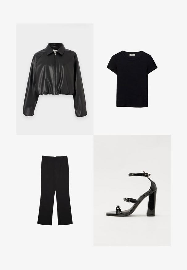 Veste noire courte en simili cuir brillant. Dotée d'un col plat et d'une fermeture zippée à l'avant. Manches longues légèrement bouffantes. Texture lisse.; T-shirt noir à manches courtes en tissu doux. Il possède un col rond classique et une coupe décontractée. Aucun motif ni accent visible.; Pantalon noir avec une coupe droite, doté de poches avant et d'éclairs sur l'ourlet. Fabriqué en tissu doux et lisse. Convient à diverses occasions.; Sandales à talons vernies noires avec un bout carré, des sangles autour de la cheville et des boucles en argent. Dotées d'un talon bloc épais pour plus de stabilité.
