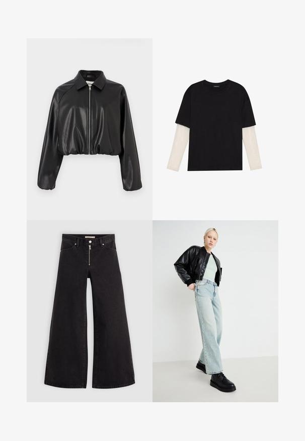 Must silmade väike jakki, mis on valmistatud läikivast kunstnahast. Omab lamedat kraed ja esist zipperit. Pikad, veidi puffitud varrukad. Sile tekstuur.; Mustmust särk, mis on valmistatud puuvillast, lühikeste varrukatega, valge pika varrukaga kihi peal, millel on peene tekstuuriga muster. Ümar kaelus.; Laiad teksad mustast denimist, millel on lukuga eesmine osa, viie taskuga disain ja peened õmblusdetailid. Sile tekstuur ja juhuslik stiil.; Mustast nahast pommijakk, piparmündiroheline särk, helesinised laiad teksad ja mustad nööbitavad kingad, minimaalses taustas.