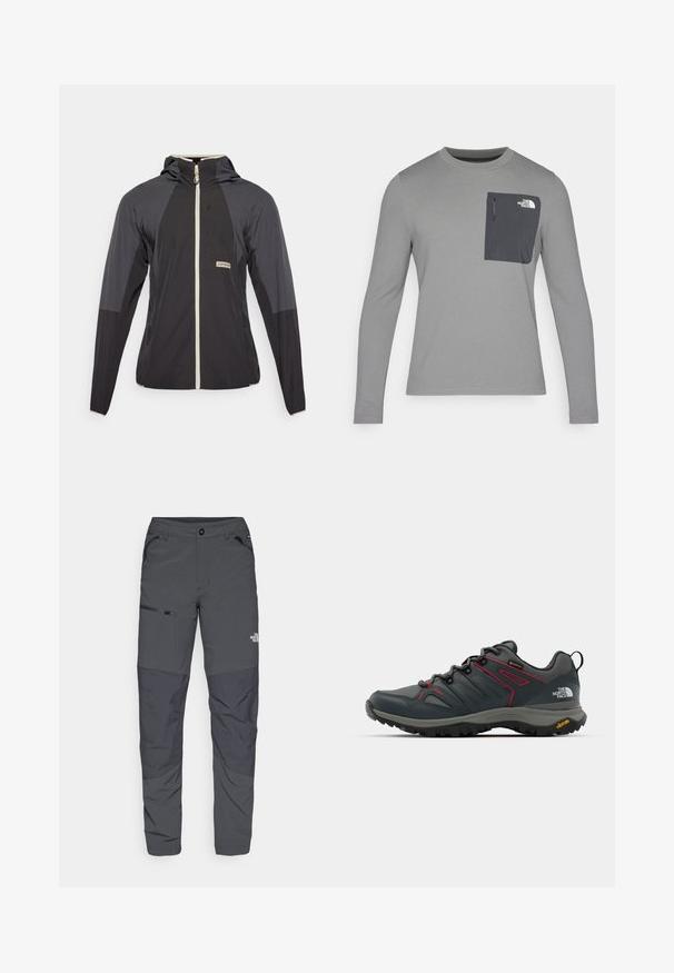 Melns un pelēks viegls jaka ar priekšējo rāvējslēdzēju, kapuci un izteiksmīgu paneļu dizainu. Tam ir neliels logotips krūšu daļā.; Garais krekls ar garām piedurknēm un teksturētu audumu, ar tumši pelēku krūšu kabatu un rāvējslēdzēju. Uz kabatas ir balts logo.; Pelēki outdoor bikses ar gludu tekstūru, ar sānu kabatu ar rāvējslēdzēju, pastiprinātiem ceļgaliem un diskrētu logotipa detaļu.; Pelēki pārgājienu apavi ar sarkaniem akcentiem, ar tīklu un sintētisku augšdaļu, šņorēšanas sistēmu un Vibram zoli, kas nodrošina saķeri. Iekļauta Gore-Tex tehnoloģija ūdensizturībai.