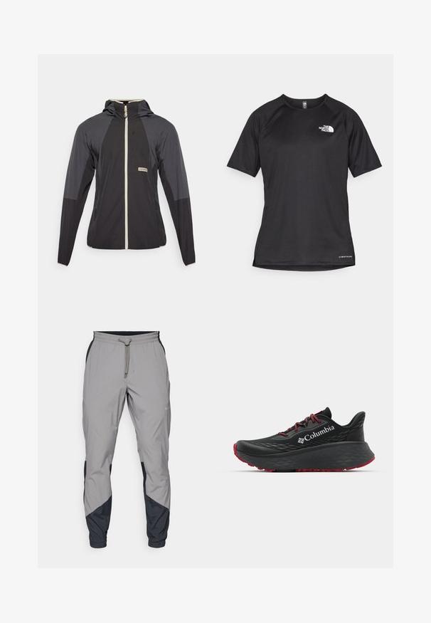 Juodas ir pilkas lengvas švarkelis su priekiniais užtrauktukais, kapišonu ir išskirtiniu panelių dizainu. Yra mažas logotipas krūtinės srityje.; Juoda trumpa rankovė atletinė marškinė, pagaminta iš tekstūruotos medžiagos, su baltu logotipu kairėje krūtinės pusėje ir tiesiu apdailos kraštu.; Lengvas, pilkos sportinės kelnės su juodais akcentais. Elastingas juosmuo, raišteliu užsegimas, siaurėjantis kojų dizainas ir šoninės kišenės.; Juodas sportinis batelis su tekstūruota viršutine dalimi, raudonais raišteliais ir logotipu. Storas padas su raštuotu protektoriu traukai. Minimalistinis dizainas, šoninis vaizdas.