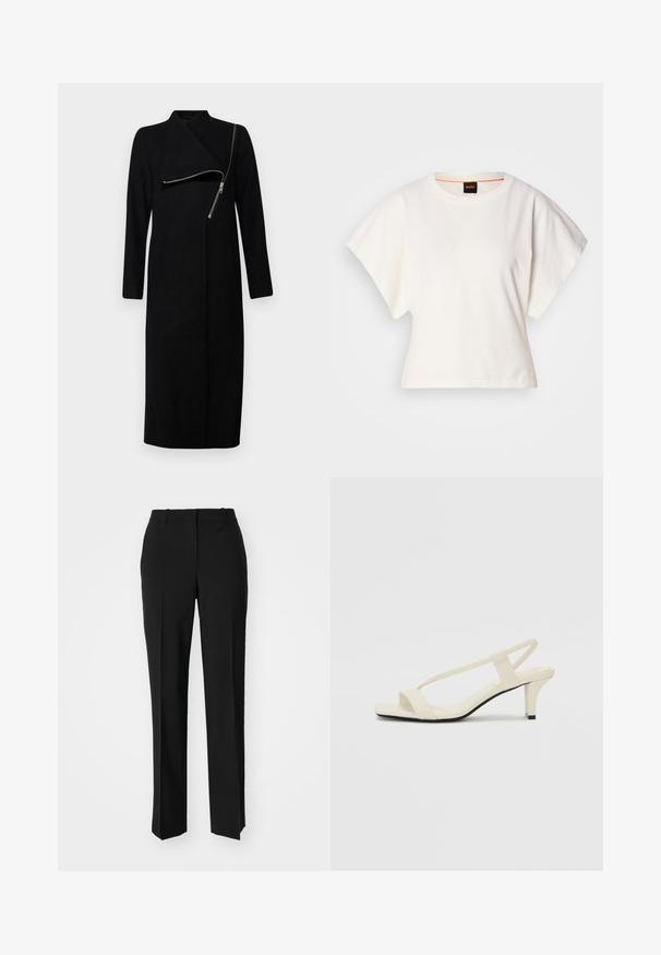 AllSaints MARGOH COAT - Klasisks mētelis - black; Balts īsais T-krekls, plašas īsas piedurknes, mīksts kokvilnas materiāls, apaļa kakla izgriezums ar delikātu oranžu apdari, minimāls dizains, bez rakstiem vai grafikām.; Melnas pielāgotas bikses ar taisnu kāju dizainu, kas raksturojas ar gludu faktūru un asiem krokām pa priekšu. Nav redzamu metāla detaļu.; Beige bloku papēžu sandales ar plānām siksnām un kvadrāta formas purngalu. Gluda materiāla virsma ar minimālām detaļām, paredzētas ērtai nēsāšanai.