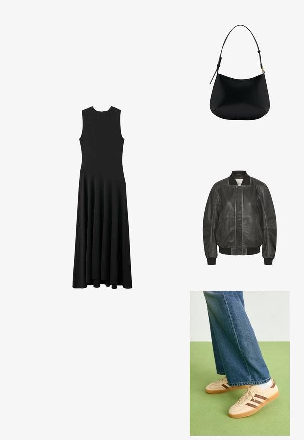 Čierna kožená bomber bunda s rebrovanými manžetami a golierom, vybavená predným zipsom a bočnými vreckami, so šitými detailmi pozdĺž švov.; Čierne bezrukávové maxi šaty s priliehavým živôtikom a rozšírenou sukňou, s hladkou textúrou a minimalistickým dizajnom, bez viditeľného zapínania.; Béžové tenisky s textúrovanými krémovými panelmi a hnedými pruhmi, skombinované s modrými džínsami. Džínsy majú široké nohavice a roztrhnutý lem.; Čierna kožená kabelka na rameno s hladkou textúrou, zakriveným tvarom a nastaviteľným popruhom. Obsahuje minimálne švy a jednoduchý dizajn.