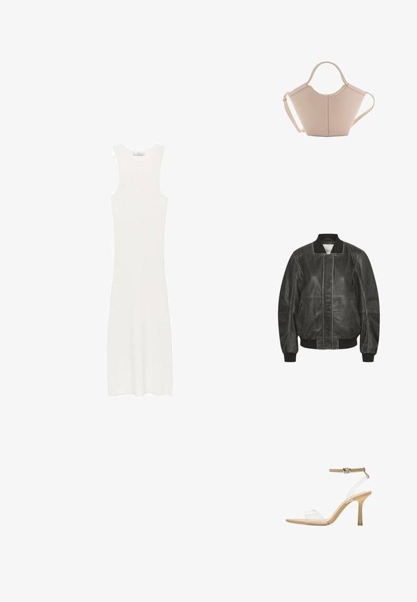 Črna usnjena bomber jakna z rebrastimi manšetami in ovratnikom, z zadrgo spredaj in stranskimi žepi ter šivanimi detajli ob šivih.; Bela, brezrokavna, rebrasta pletenina obleka s prilegajočo silhueto, ki doseže pod koleni. Enostaven in minimalističen dizajn, brez vzorcev ali dodatkov.; Sandal z jasnim petnikom s prozornim zgornjim delom, bež podplatom in sivim trakcem okoli gležnja. Ima koničast nos in tanek visoki petek.; Bežna usnjena torbica edinstvene oblike, z dvema kratkima ročajema in dolgim nastavljivim trakom. Gladka tekstura z minimalno kovinsko opremo.