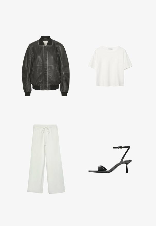 Musta nahkainen pommikonejakku, jossa on ribbiohjaimet hihansuissa ja kauluksessa. Jakussa on edessä vetoketju ja sivutaskut, sekä ommeltu yksityiskohtia saumoissa.; Valkoinen lyhythihainen T-paita, joka on tehty puuvillasta. Siinä on pyöreä kaula-aukko ja rento malli. Silkkinen pinta ilman näkyviä kuvioita tai koristeita.; Valkoiset leveälahkeiset housut pehmeästä kankaasta. Varustettu joustavalla vyötäröllä ja nyörillä sekä sileällä pinnalla. Ei näkyviä kuvioita tai tarvikkeita.; Bershka Korolliset sandaalit - black